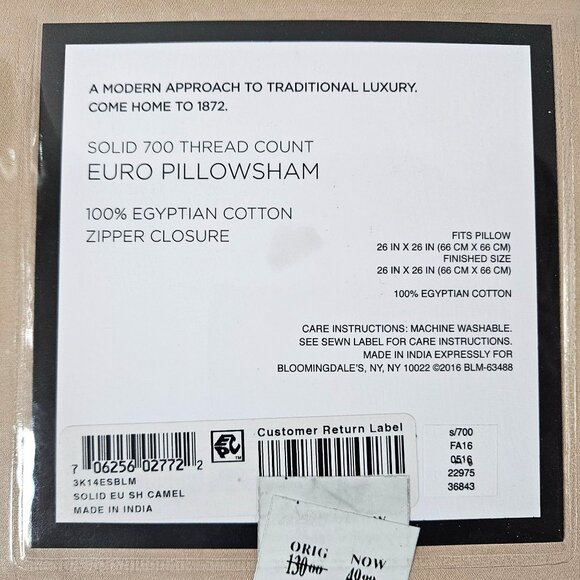 Bloomingdales 1872 Euro Pillow Shams Set 2 Camel Tan 700 Thread Count 26X26 NEW - Picture 7 of 8